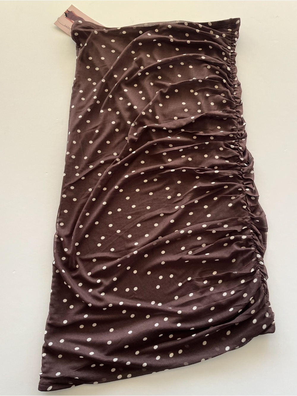 B.Wear Brown Polka Dot Ruched Mesh Asymmetrical Midi Skirt NWT Size M Y2K Style